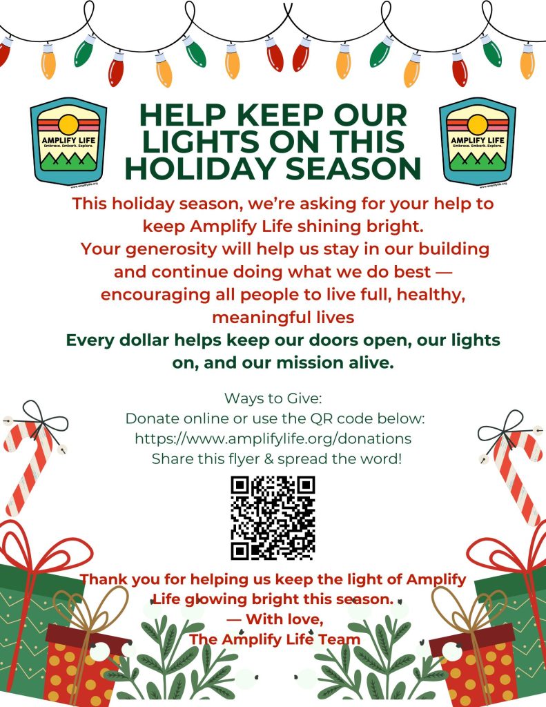 Amplify Life holiday season giving flyer with donation QR code